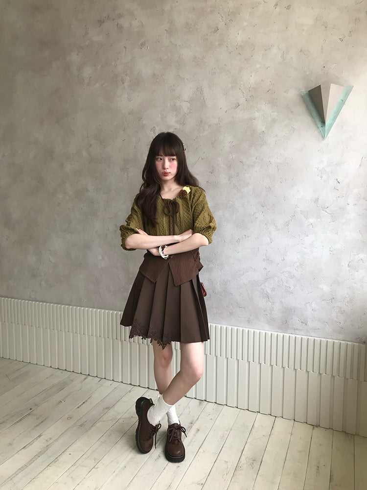 Fernlace Vintage Brown Pleated Skirt-Bottoms-ntbhshop