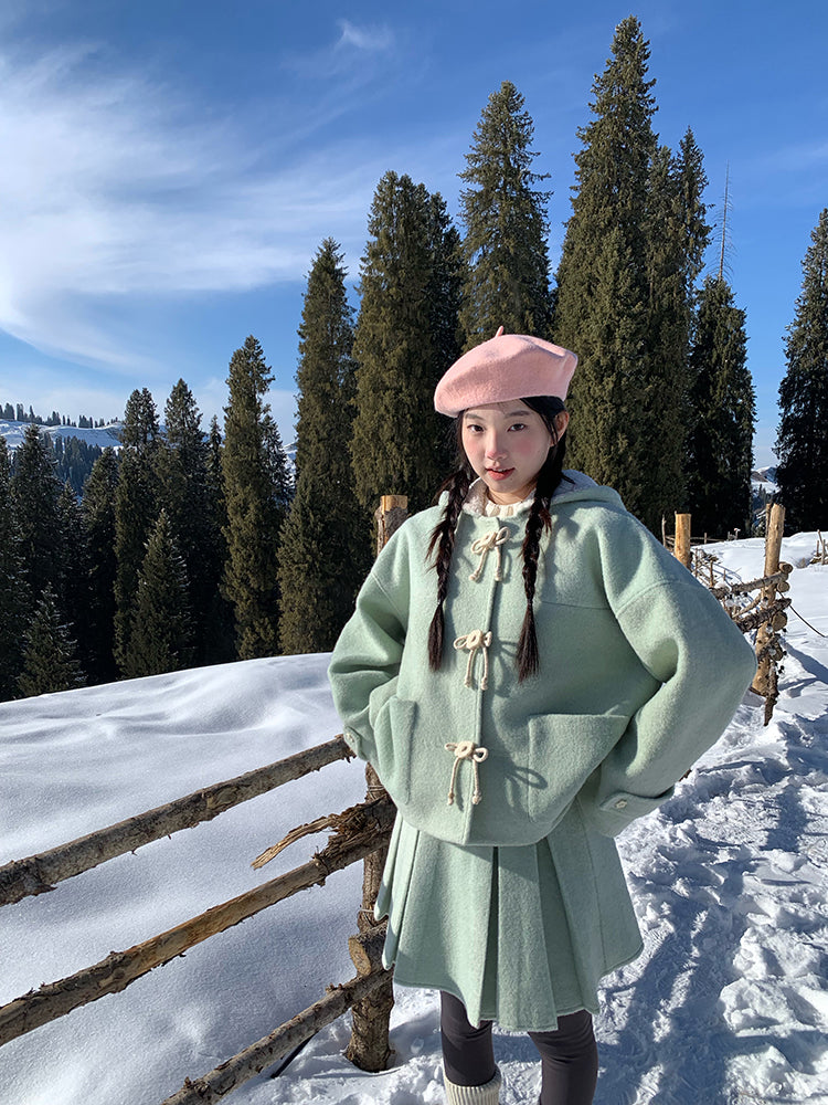 Mint Cloud Woolen Jacket & Pleated Skirt-ntbhshop