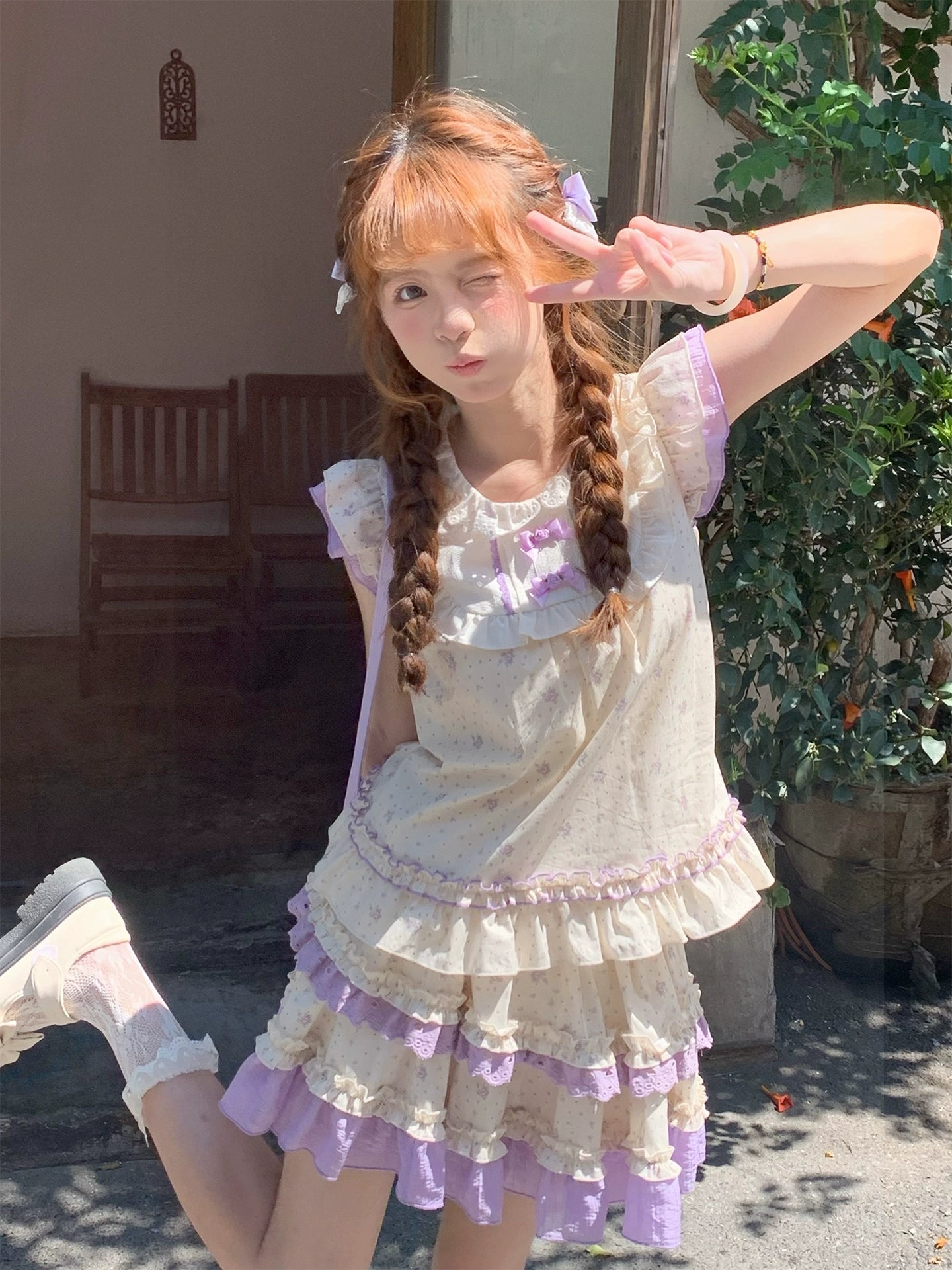 Lavender Bloom Fairy Sleeve Blouse & Layer Cake Skirt-ntbhshop