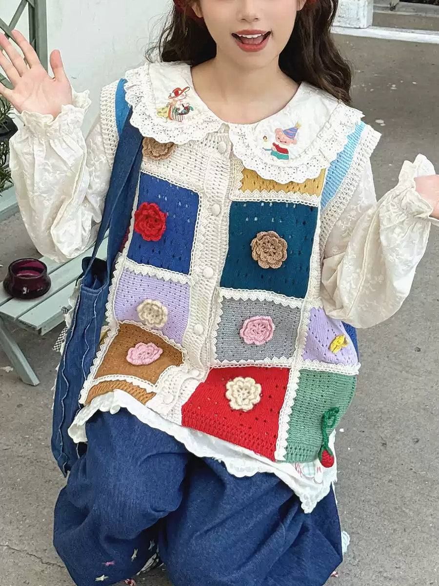 Granny Flower Patchwork Knit Vest-Outerwear-ntbhshop