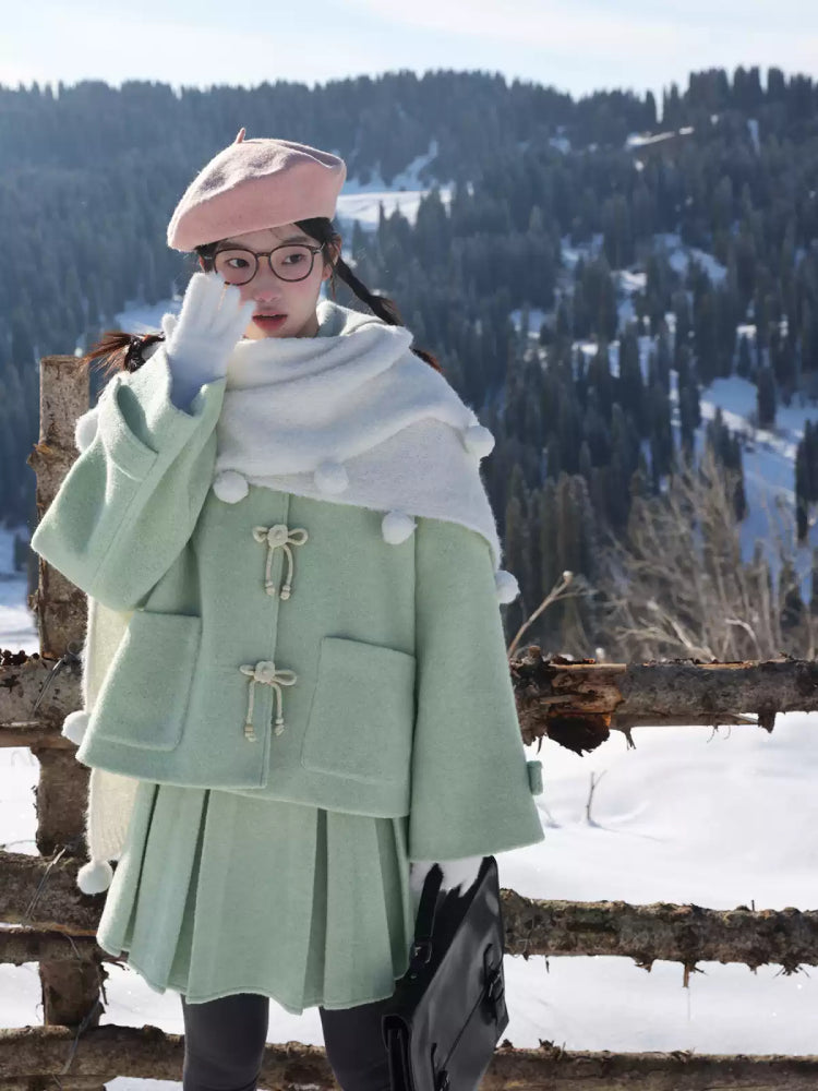 Mint Cloud Woolen Jacket & Pleated Skirt-ntbhshop