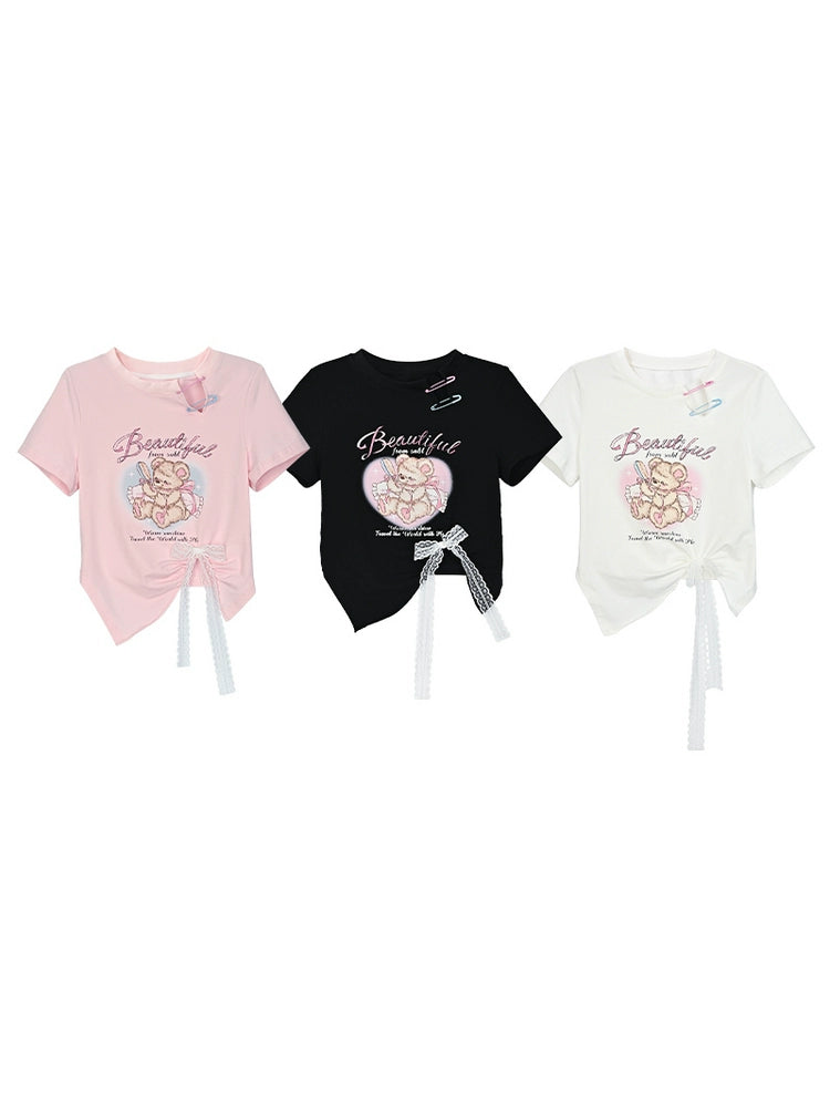 Sweet Girl Bear Print Cutout Crop Tops-ntbhshop