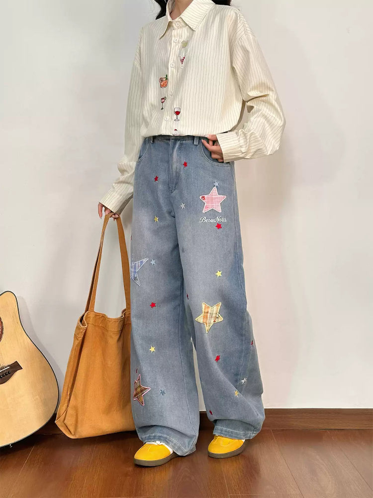 Stargazer Patch Wide Leg Jeans-Bottoms-ntbhshop