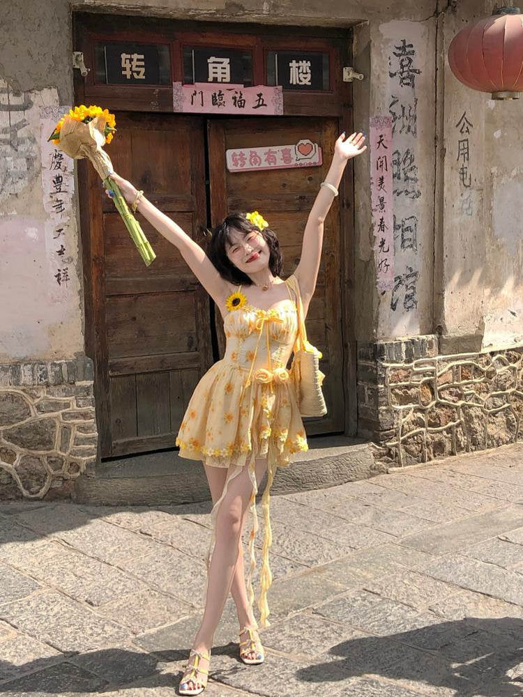 Sunflower Lace-Up Back Summer Dress-ntbhshop