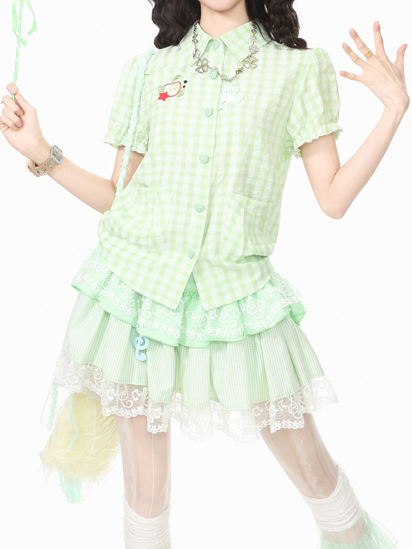 Apple Charm Gingham Shirts-Tops-ntbhshop