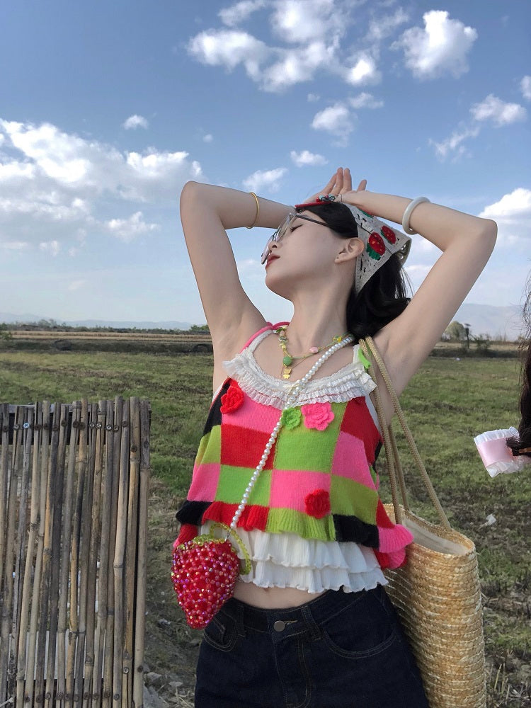 Candy Patch Checkered Flower Knit Vests-ntbhshop