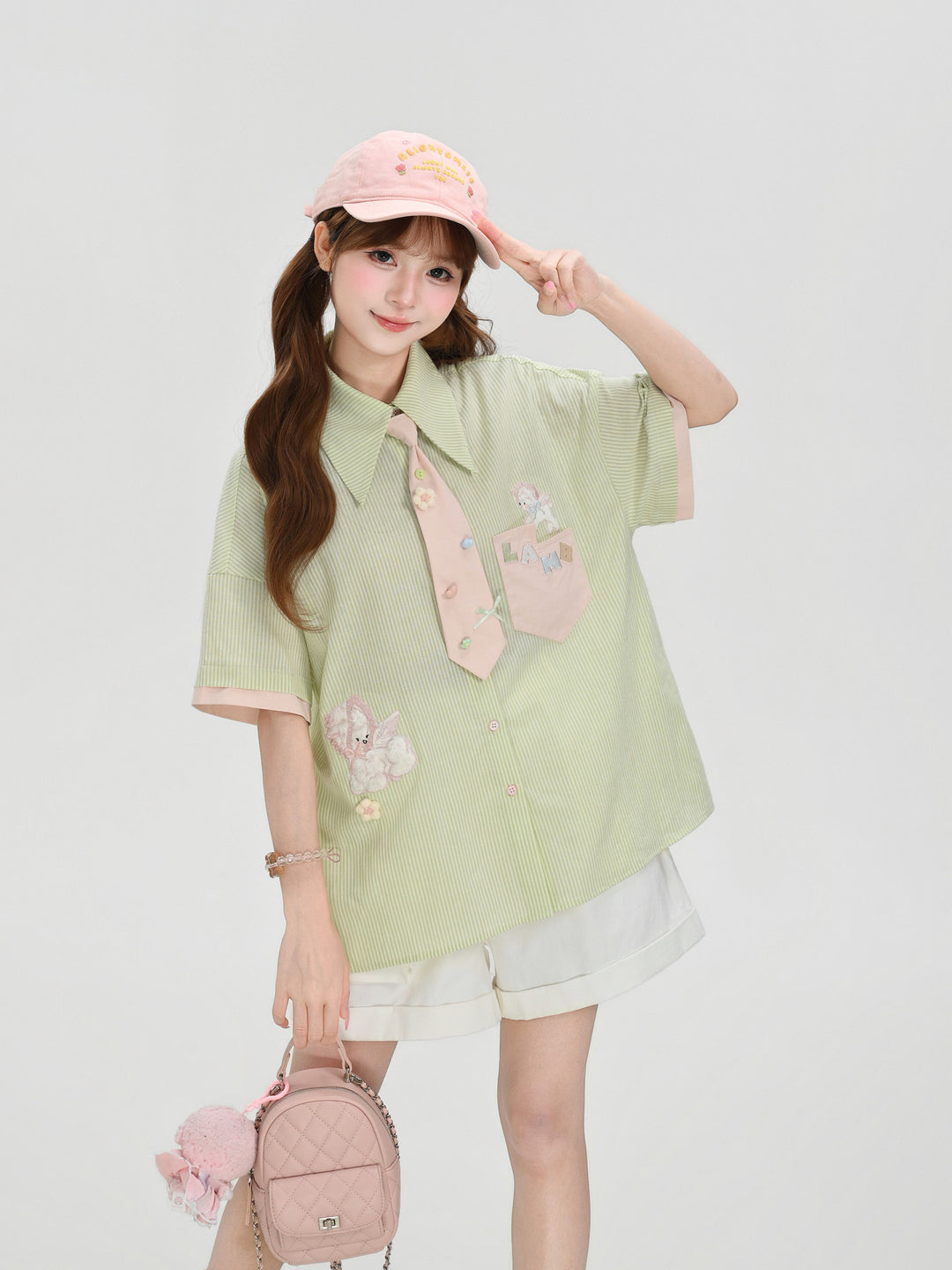Matcha Lambie Stripe Tie Shirt-Tops-ntbhshop