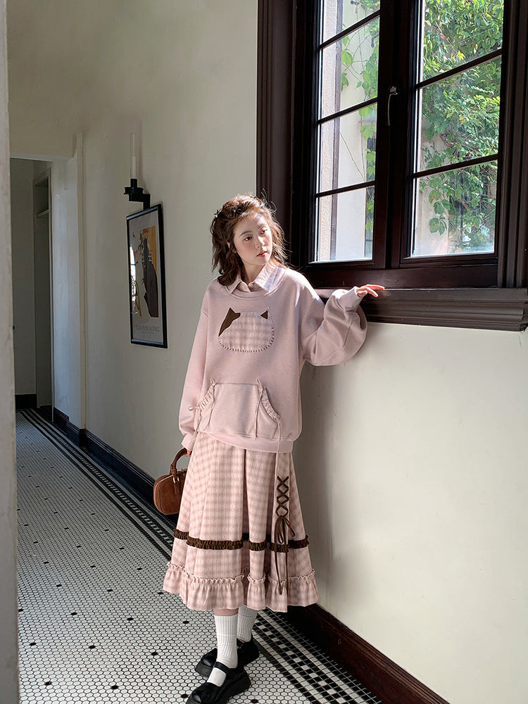 Milk Tea Cat Sweatshirt & Plaid Skirt-ntbhshop