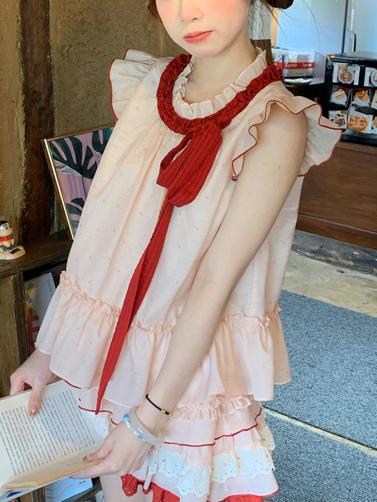 Watermelon Splash Fairy Sleeve Blouse & Cake Skirt-ntbhshop