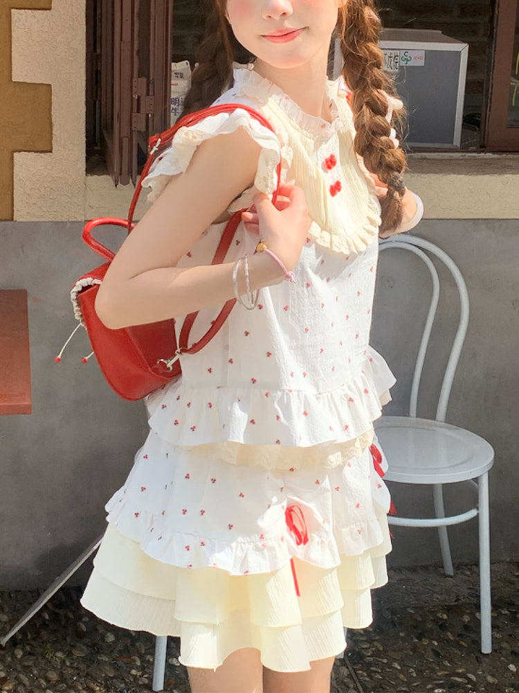 Red Petal Fairy Sleeve Blouse & Cake Skirt-ntbhshop