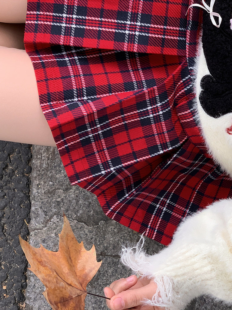 Cherry Tartan Pleated Skirt-Tops-ntbhshop