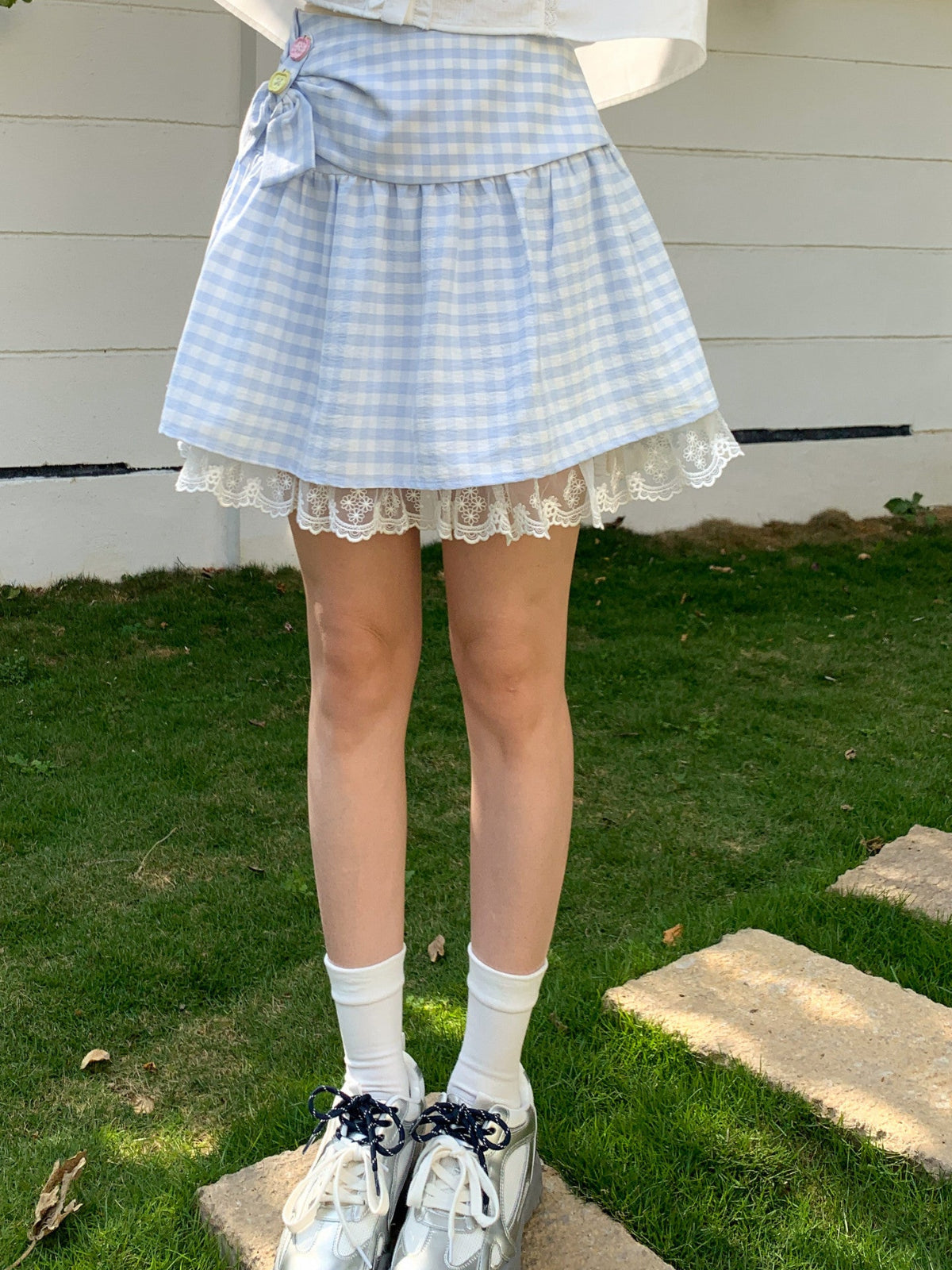Cloud Gingham Lace Skirt-Bottoms-ntbhshop