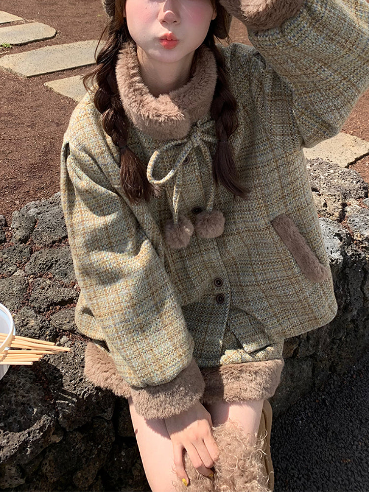 Tweed Teddy Pompom Coat & Skirt-ntbhshop