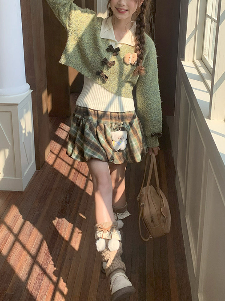 Greenhouse Afternoon Crop Sweater, Top & Plaid Skirt-ntbhshop