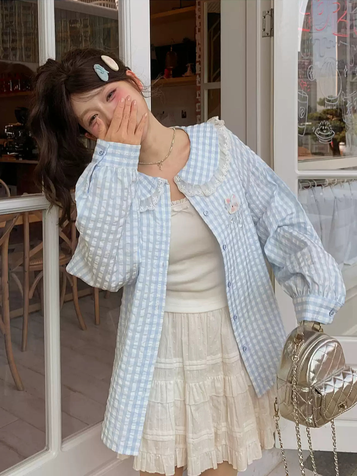 Cloud Kitten Check Doll Shirt-Tops-ntbhshop