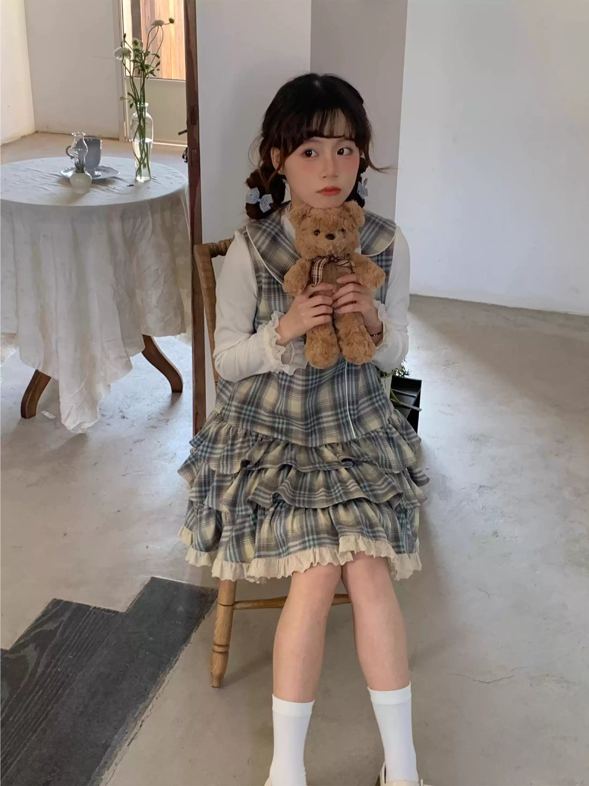 Butter Bloom Base Top & Check Cake Dress-Sets-ntbhshop