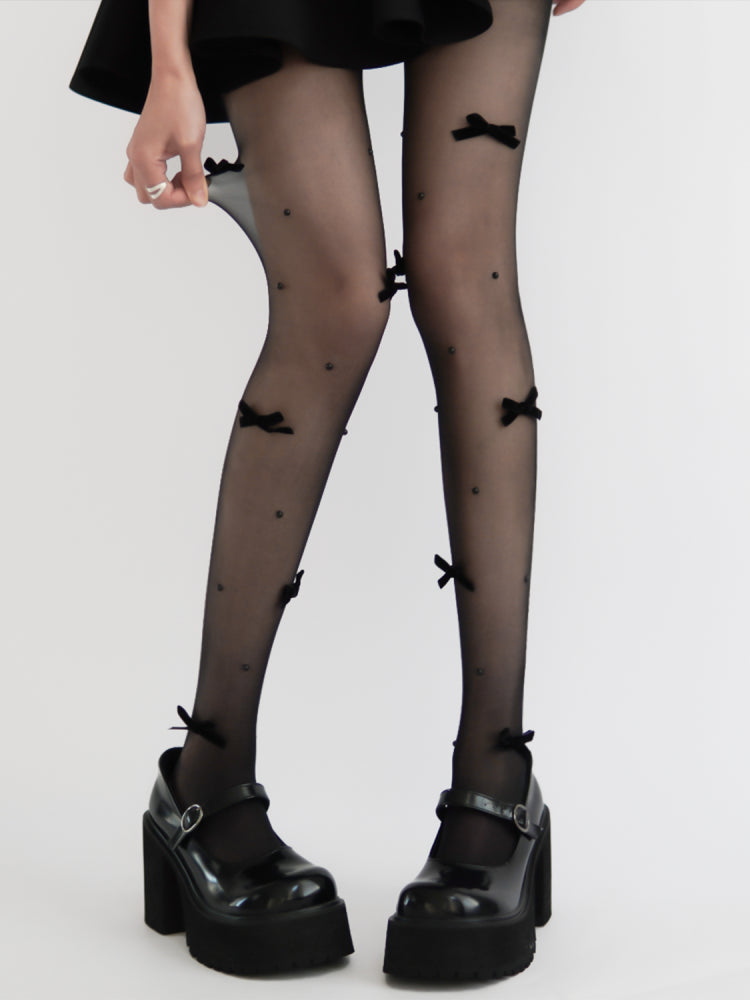 Cream Puff Lolita Bow Pearl Tights-ntbhshop