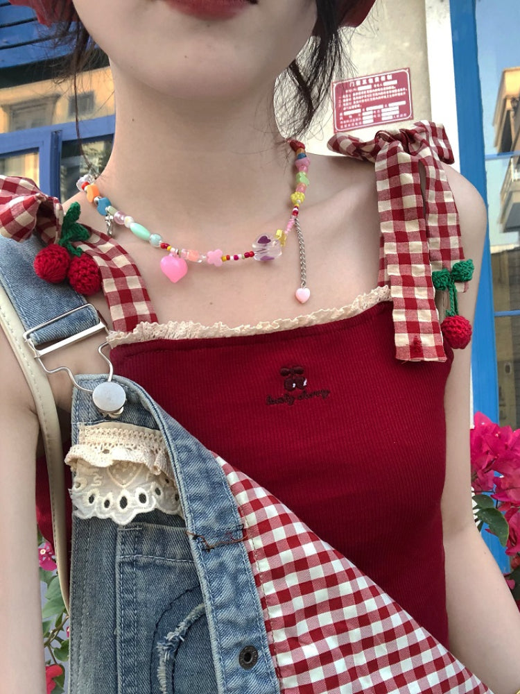 Lovely Cherry Plaid Strap Tops-ntbhshop