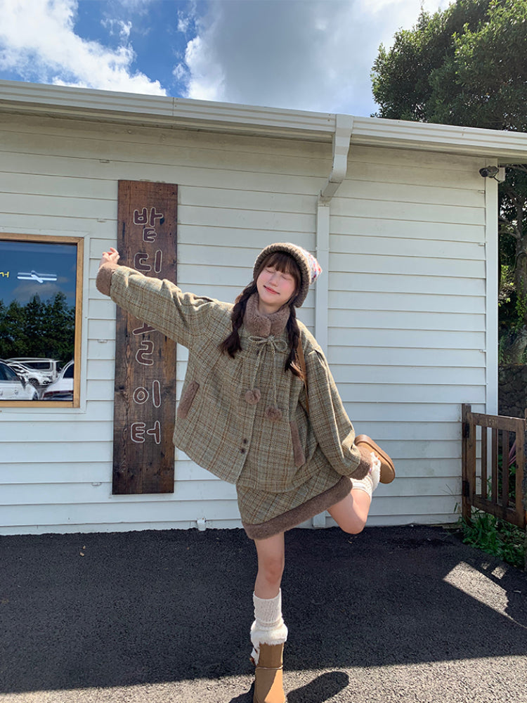 Tweed Teddy Pompom Coat & Skirt-ntbhshop