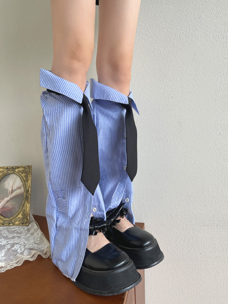 Striped Tie Collar Button Up Leg Sleeves-ntbhshop