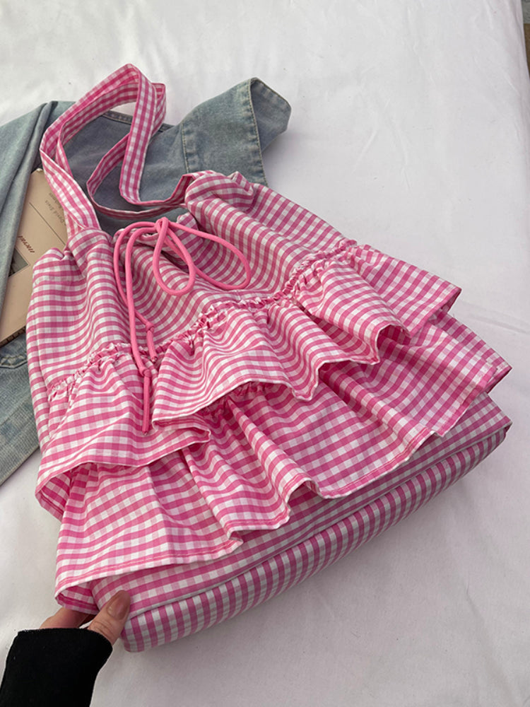 Cloud Check Gingham Ruffle Tote Bags-ntbhshop