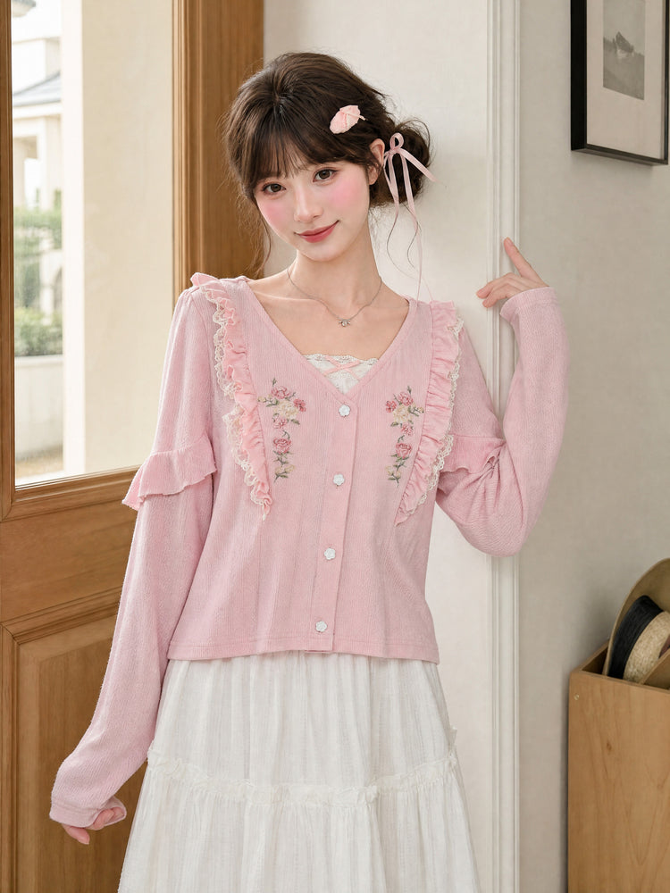 Rosy Bloom Ruffle Cardigan-Outerwear-ntbhshop