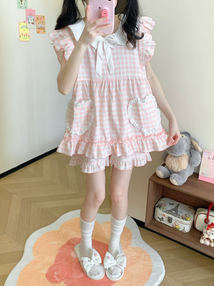 Peachy Gingham Night Fairy Sleeve Pajamas Set-ntbhshop