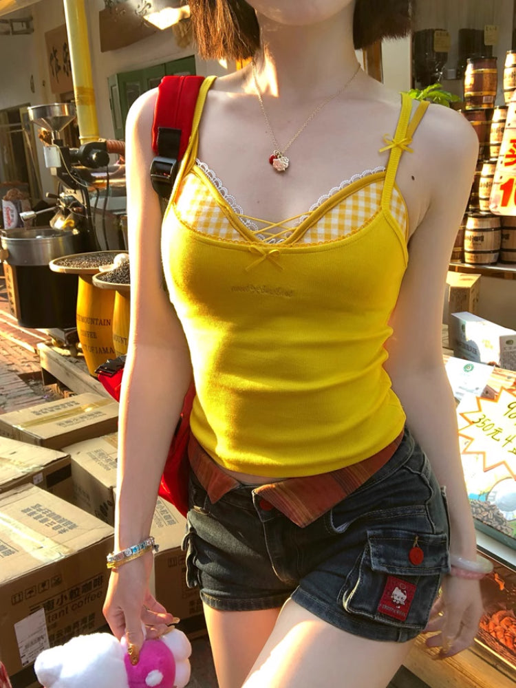 Hot Pop Ribbed Lace-Up Cami & Gingham Bralette Sets-ntbhshop