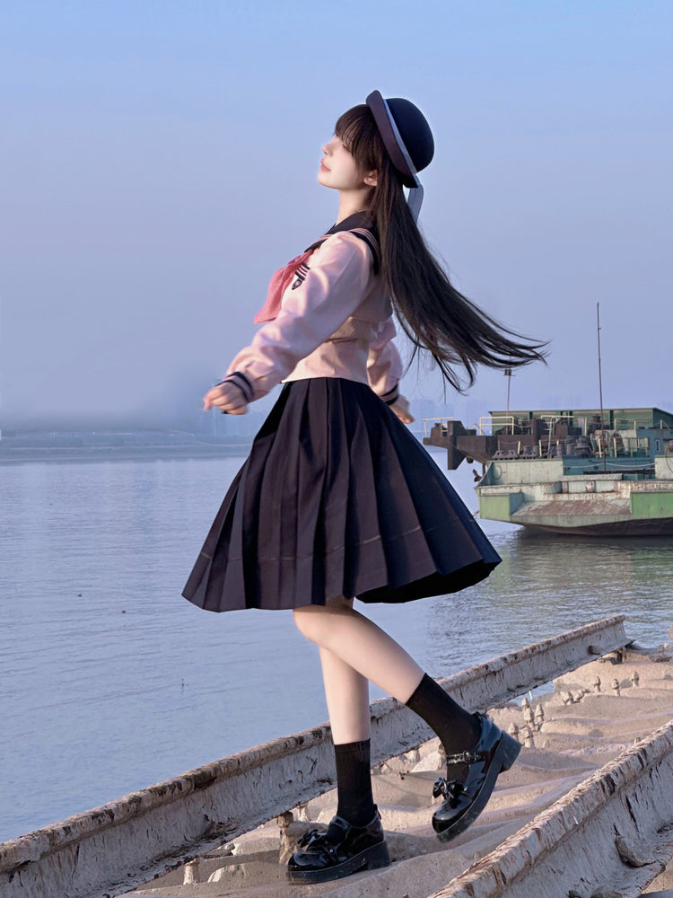 Sakura Petals High-Waist Pleated JK Uniform Midi Skirts-ntbhshop