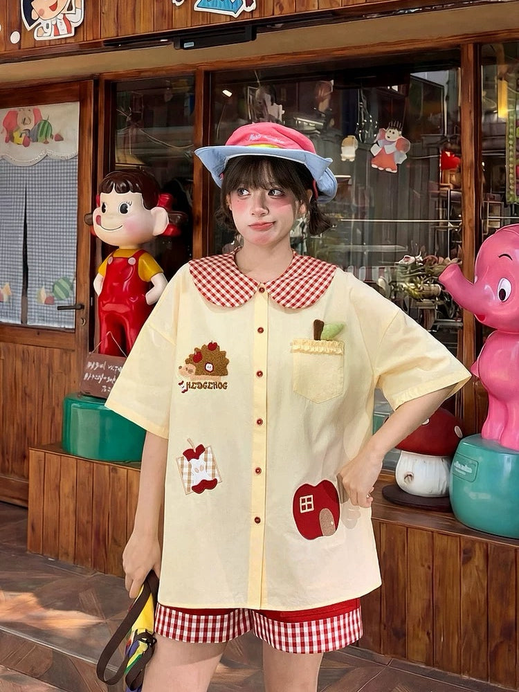 Apple Hedgehog Picnic Blouse-Tops-ntbhshop