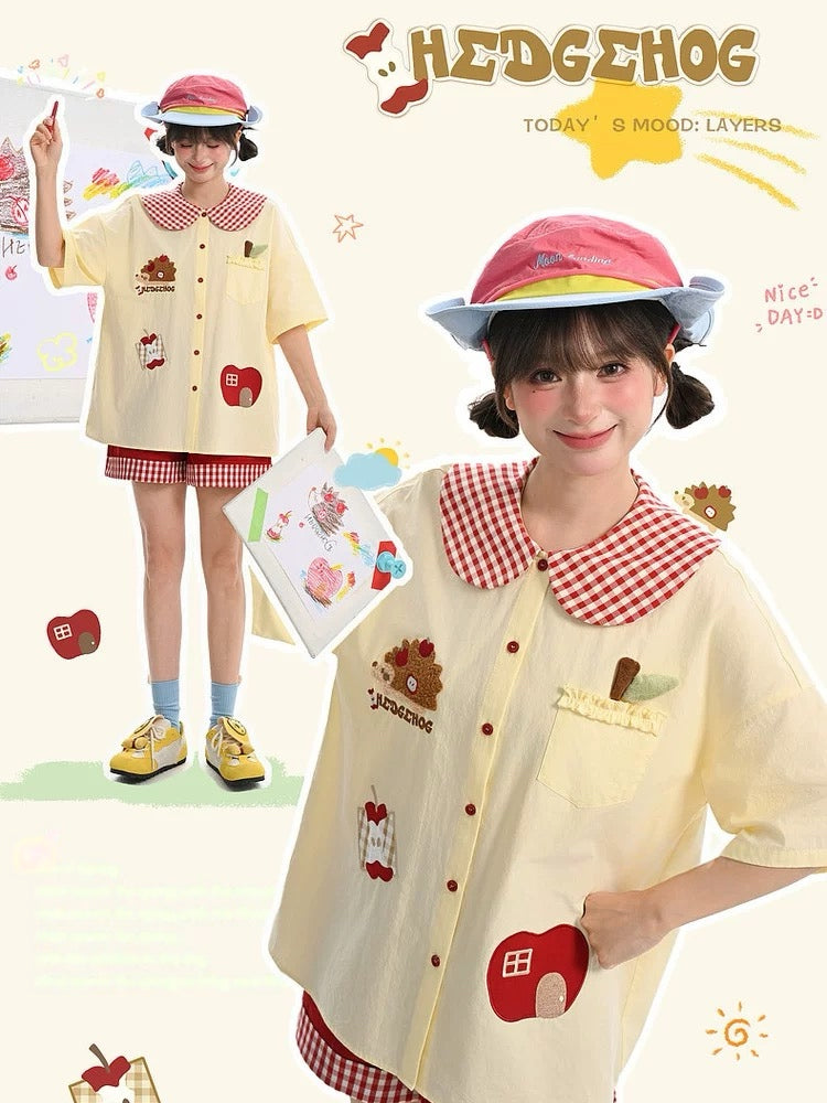 Apple Hedgehog Picnic Blouse-Tops-ntbhshop