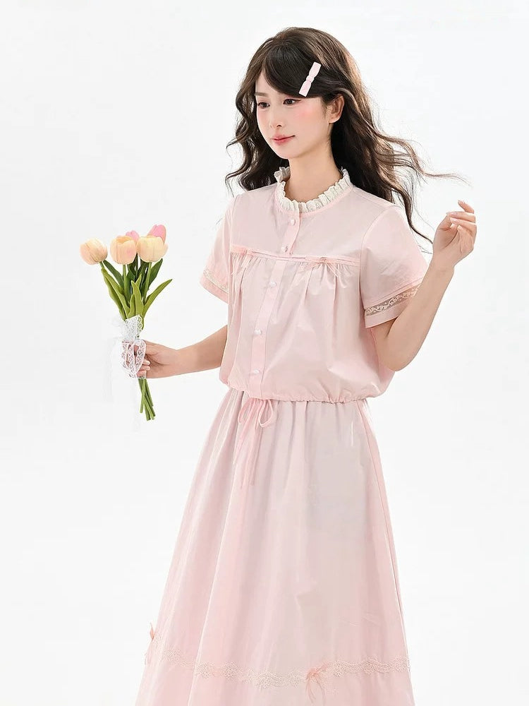 Rose Milk Cotton Blouse & Skirt-Sets-ntbhshop