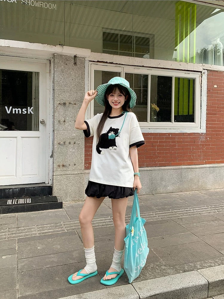 Milk Cat Ribbon Tee-Tops-ntbhshop