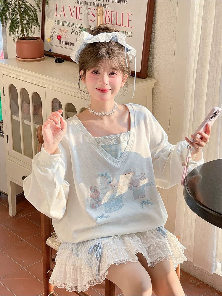 Milk Lamb Gingham Sweatshirt-Tops-ntbhshop