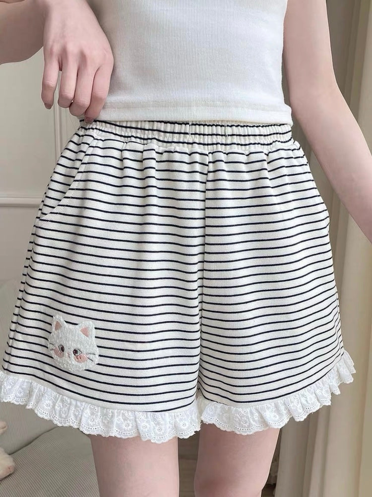 Kitty Stripe Lounge Shorts-Bottoms-ntbhshop