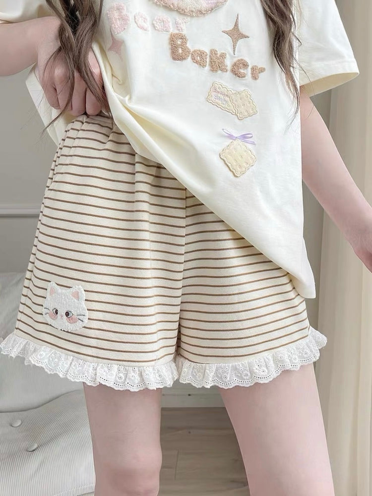 Kitty Stripe Lounge Shorts-Bottoms-ntbhshop