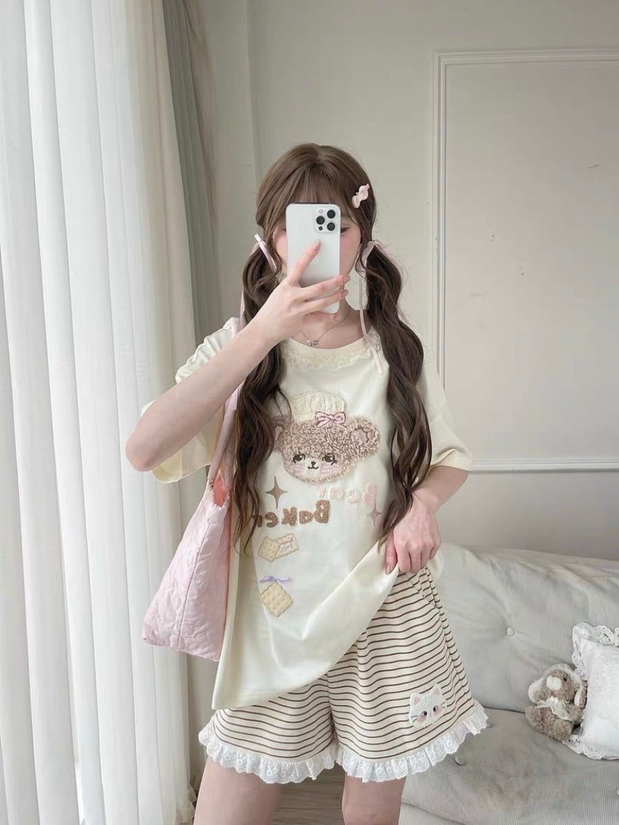 Kitty Stripe Lounge Shorts-Bottoms-ntbhshop