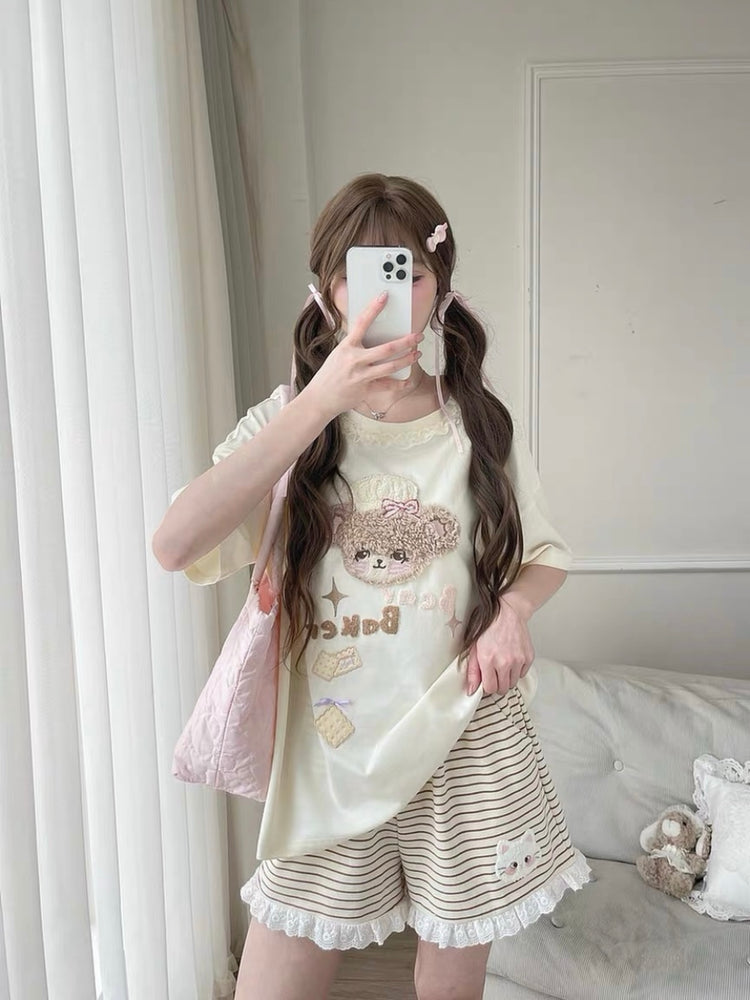 Kitty Stripe Lounge Shorts-Bottoms-ntbhshop