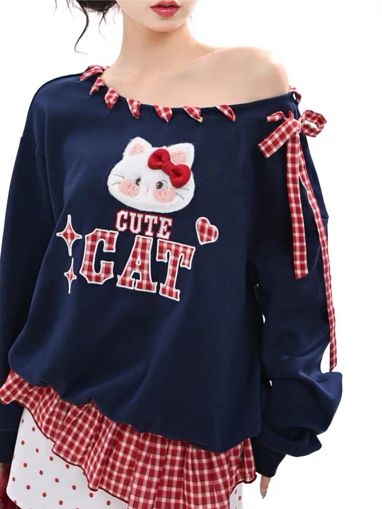 Kitty Crush Off-Shoulder Sweatshirt-Tops-ntbhshop