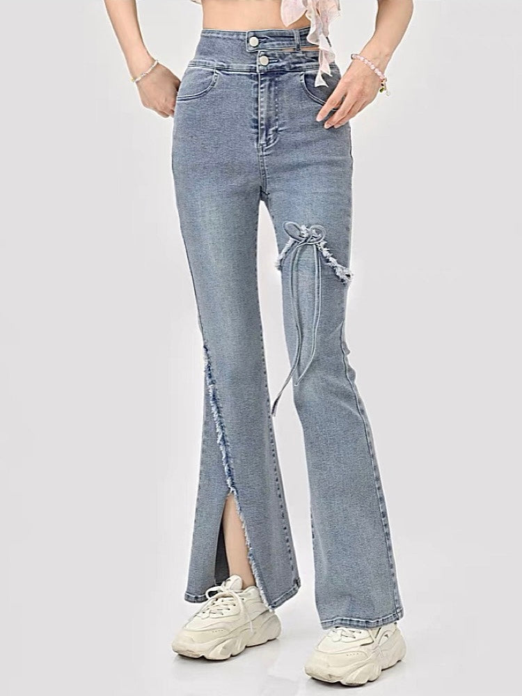 High-Waisted Flare Jeans with Side Slits-ntbhshop