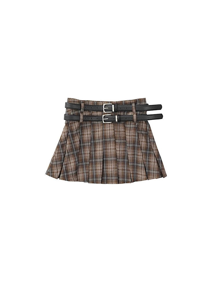 American Retro Sweetheart Pleated Plaid Double Belt A-Line Skirts-ntbhshop