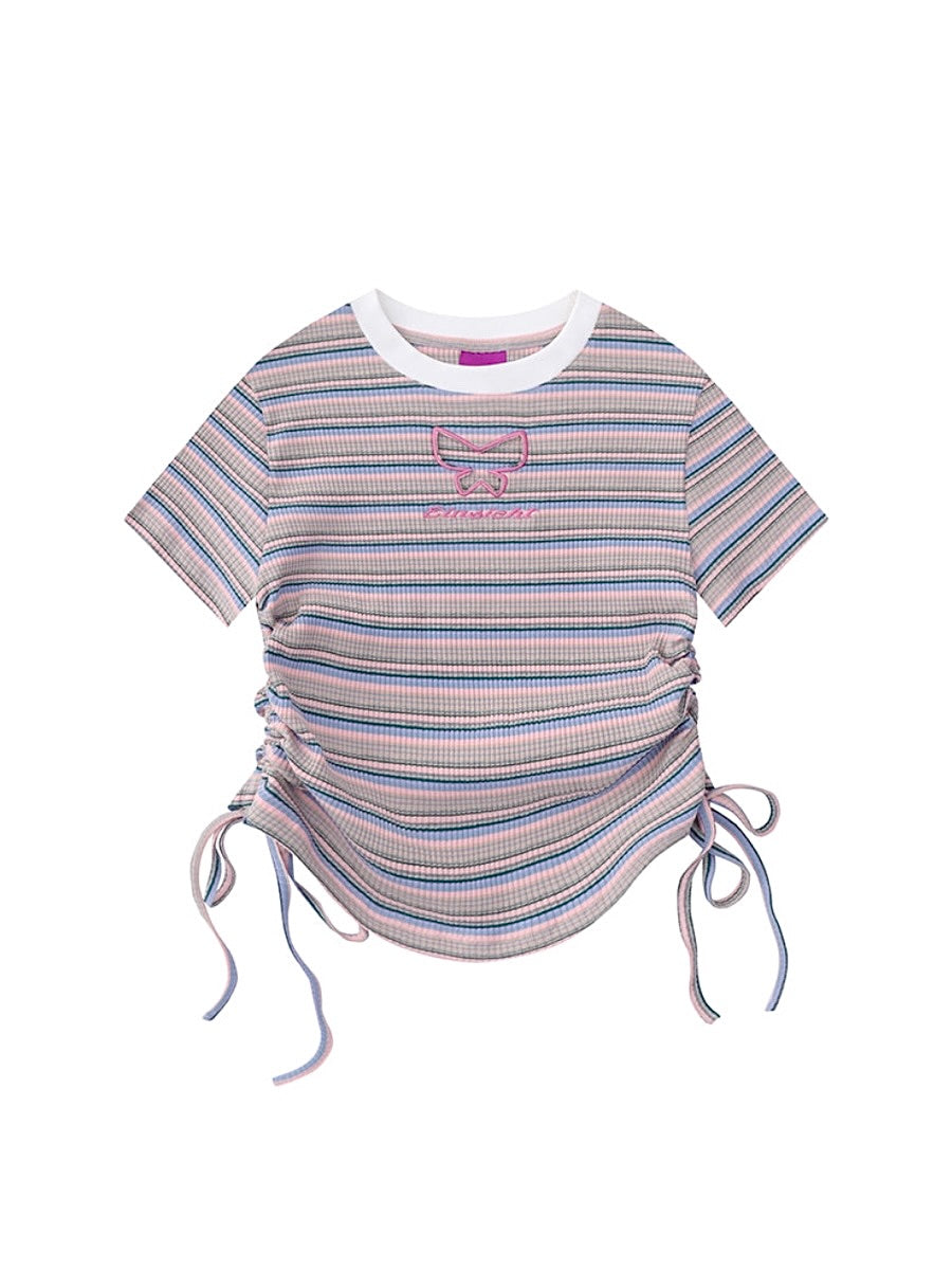 New Hollow Butterfly Striped Short Sleeve Tops-ntbhshop