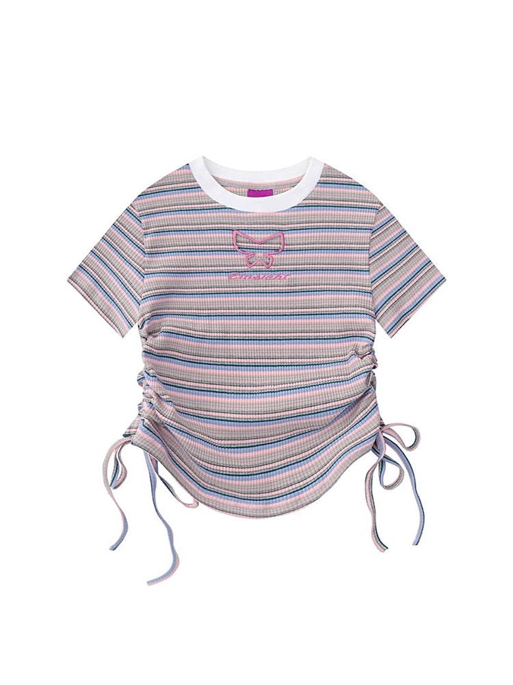 New Hollow Butterfly Striped Short Sleeve Tops-ntbhshop
