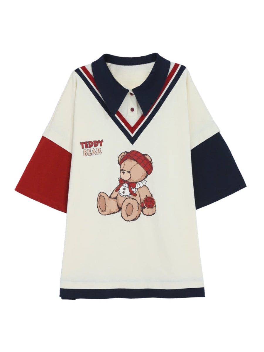 Cute Teddy Bear Print Color Contrast Polo T-Shirt-ntbhshop