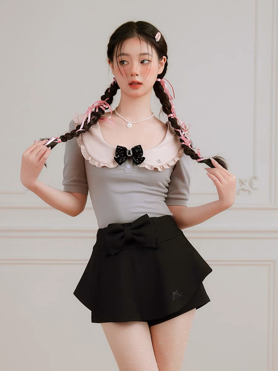 Balletcore Style Black Knit Mini Skorts with Bow Knot-ntbhshop