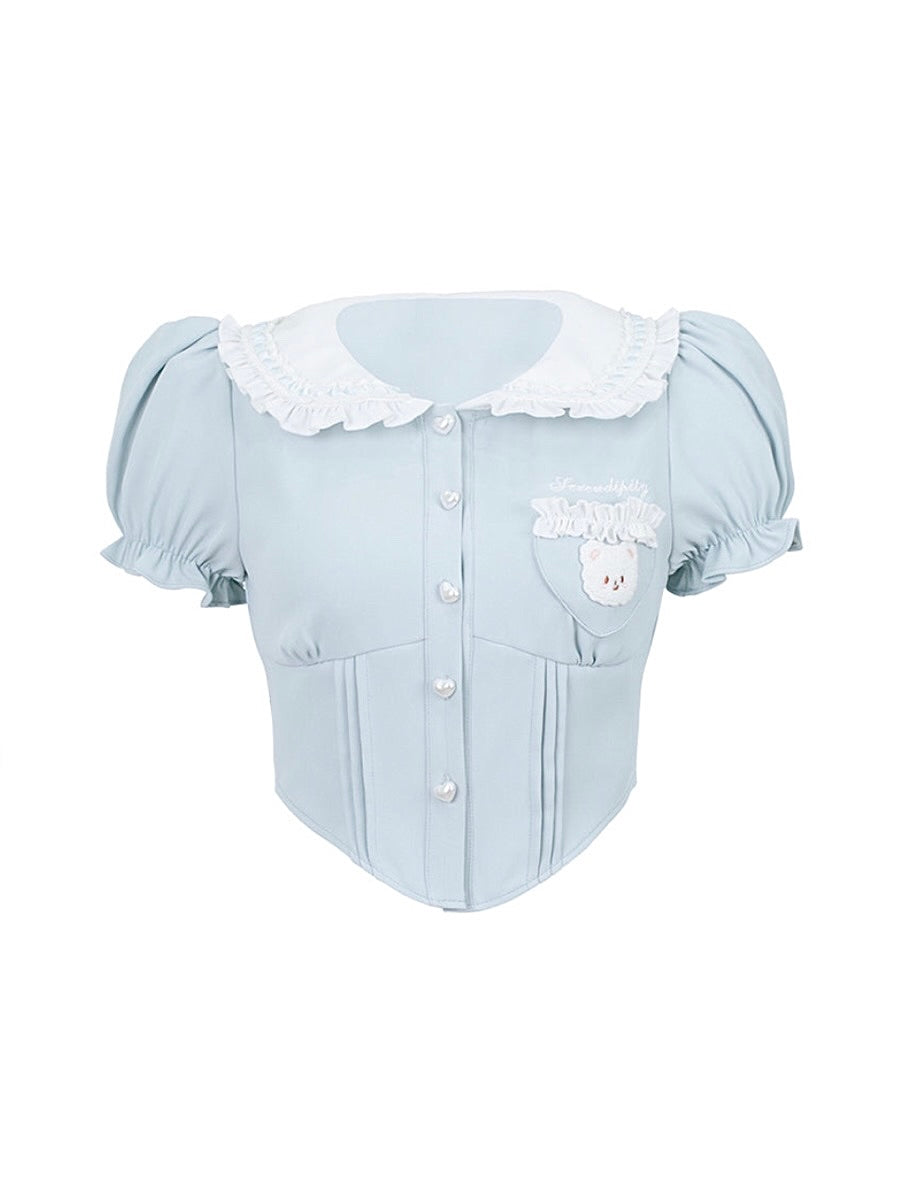 Cute Bear Ice Puff Sleeve Doll Collar Top-ntbhshop