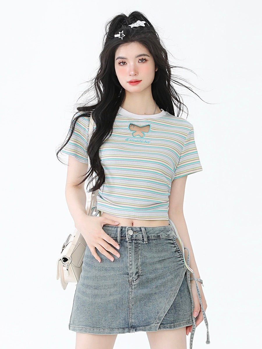 New Hollow Butterfly Striped Short Sleeve Tops-ntbhshop