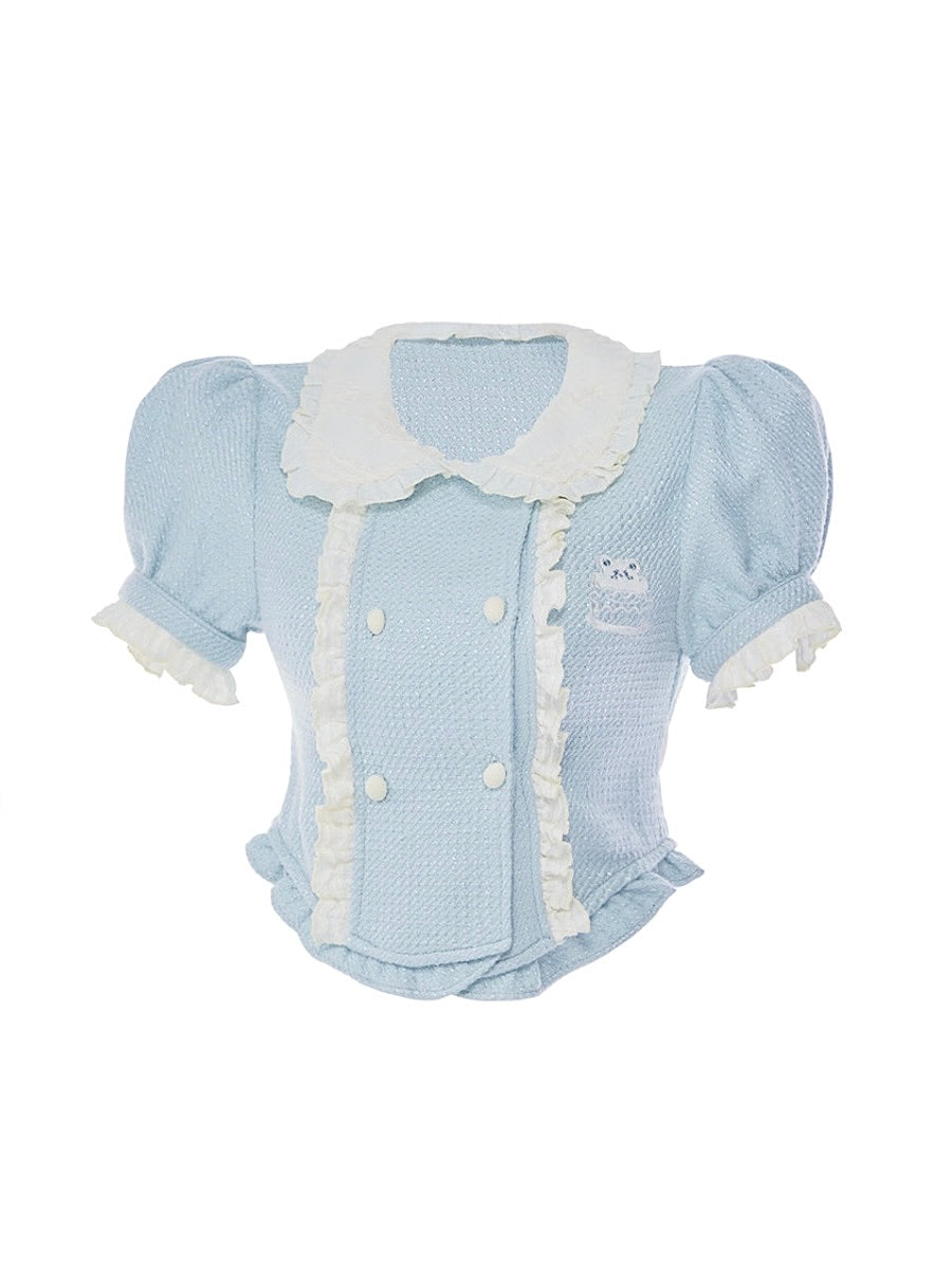 Serendipity Cream Baby Blue Textured Short Sleeve Crop Top-ntbhshop