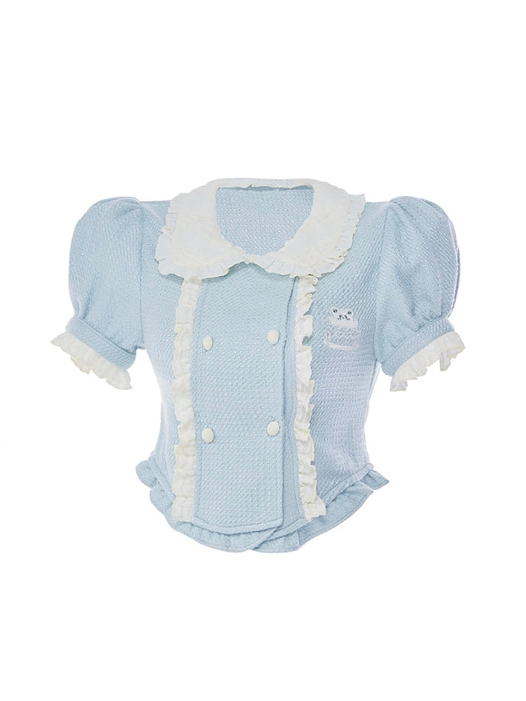 Serendipity Cream Baby Blue Textured Short Sleeve Crop Top-ntbhshop