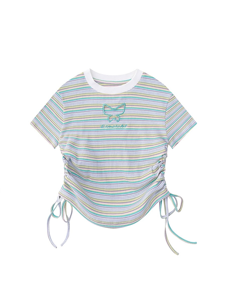 New Hollow Butterfly Striped Short Sleeve Tops-ntbhshop